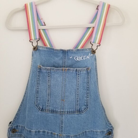 Women's Pride Rainbow Queen Shortall Bib Overalls Denim Light Wash Blue Sz M - Picture 6 of 14